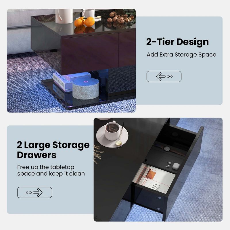 Costway LED Coffee Table with 2 Drawers 20-Color Dimmable LED Lights & Remote Control White/Black, 5 of 11