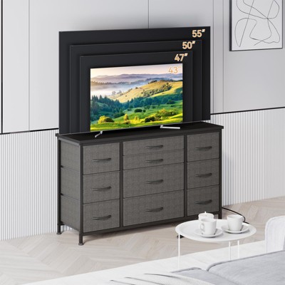 TROPOW Wide Dresser with 10 Large Drawers for 55'' Long TV Stand with Power Outlet Entertainment Center, Storage Fabric Drawer Unit Gray