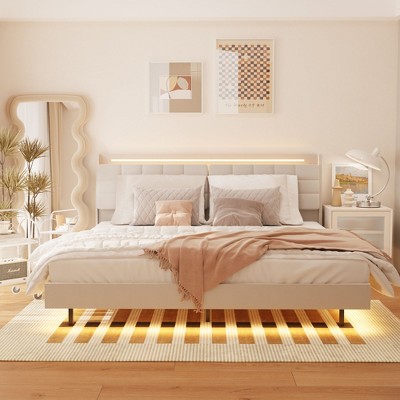 NicBex Upholstered Floating Bed Frame with Hidden Storage & LED Light Headboard,Modern Platform Bed for Bedroom,No Box Spring Needed