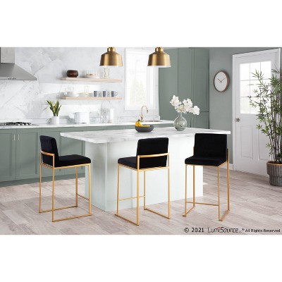 Fuji Gold Steel and Black Velvet High Back Counter Stool - Set of 2