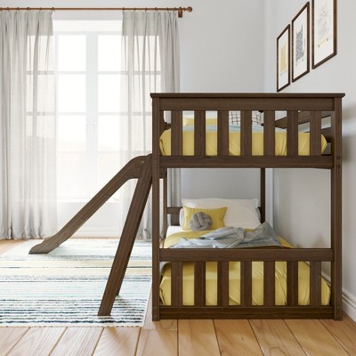 Walnut Twin Over Twin Bunk Bed with Slide and Ladder