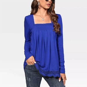 Women's Long Sleeve Tunic Tops - Plus Size Square Neck T-Shirt with Solid Color and Fall Lace Blouse,Royal Blue - S - 1 of 4