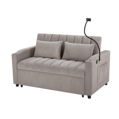 NicBex 55.9 Inch Convertible Sofa Bed Loveseat Sofa with 3 USB Ports,2 Side Pockets and Phone Holder for Living Room,Apartment,Office,Light Gray