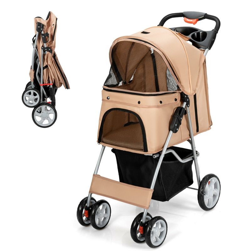 Costway Folding Pet Stroller 4-Wheel Pet Travel Carrier w/Storage Basket, 1 of 11
