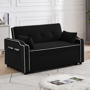 3-in-1 Velvet Sleeper Sofa Couch, Pullout Bed, Modern Convertible Velvet Pull Out Loveseat Futon Sofa, Adjustable Backrest and Pillows, Black - 1 of 4