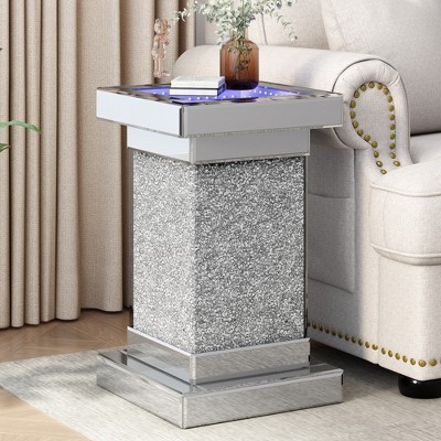 VYNXARIA 11.8" Silver Square Mirrored End Table, Modern Side Table with Crushed Diamond for Living Room