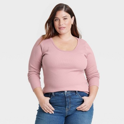 Women's Rib Long Sleeve Scoop Neck T-shirt - Universal Thread™ Mauve 3x ...