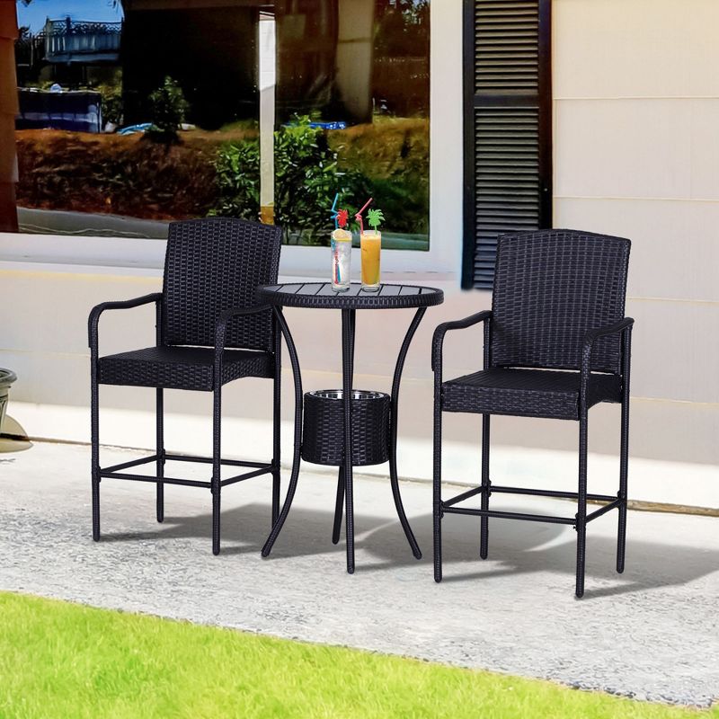 Outsunny Rattan Wicker Bar Set for 3 PCS with Ice Buckets, Patio Furniture with 1 Bar Table and 2 Bar Stools for Poolside, Backyard, Porches, 3 of 10
