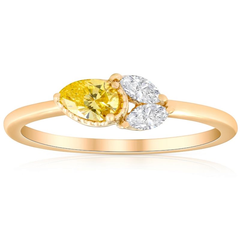 Pompeii3 3/8Ct Fancy Yellow Pear & Marquise Shape Diamond Ring Yellow Gold Lab Created, 1 of 4