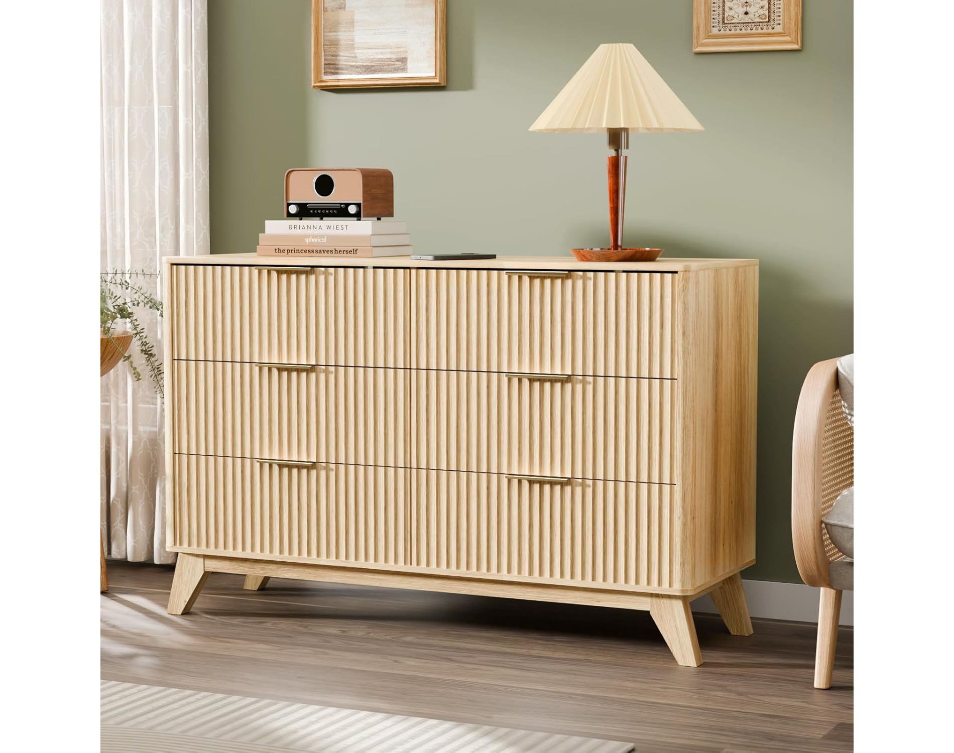 VINGLI Fluted Dresser 6 Drawer, Wood Dresser for Bedroom with Rounded Edges