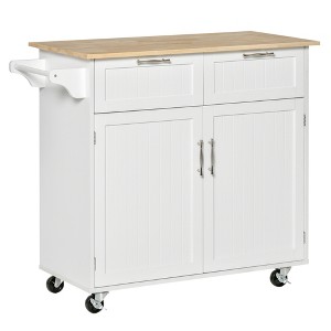HOMCOM 41" Modern Rolling Kitchen Island on Wheels, Utility Cart Storage Trolley with Rubberwood Top & Drawers, White - 1 of 4