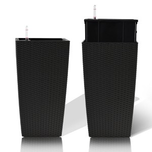 Gulches 2 Pack Automatic Watering Planters Imitation Rattan Design, Classic Black, Durable Plastic, Ideal for Indoor/Outdoor Use - 1 of 4