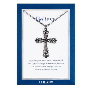 Anna-Kaci Black & Silver Gunmetal Crystal Cross Necklace with Religious Message Card & Envelope Jewelry Gift - 1 of 4