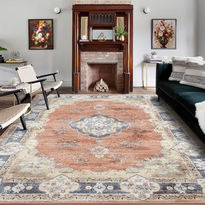 Washable Rug Vintage Floral Rug Indoor Non Slip Stain Resistant Throw Rugs for Living Room Bedroom