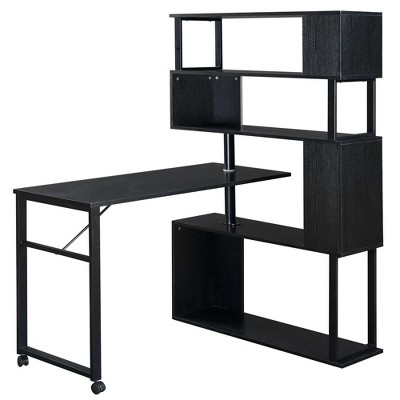 5-Tier Bookshelf With Table, Four Installation Methods, Lockable Casters (Black)