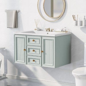 30" Bathroom Vanity Cabinet With Ceramic Basin Wall Mounted Bathroom Vanity With 3 Drawers 1 Storage Cabinet, Green - 1 of 4