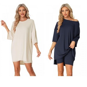 INSPIRE CHIC Women's 2 Pcs Knit Loungewear 3/4 Sleeve T-Shirt with Bike Shorts Pajama Set - 1 of 4