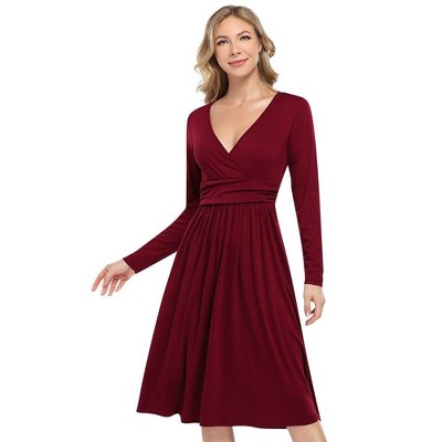 V Neck Casual Dress Long Sleeve Empire Waist Wrap Midi Party Dresses with Pocket