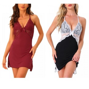 INSPIRE CHIC Women 2 Pcs Lingerie Nightgown Deep V Neck Sleeveless Backless Mini Length Sleep Dress - 1 of 4