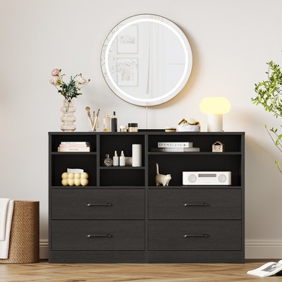 Dark gray 4-drawer dresser in a stylish bedroom display