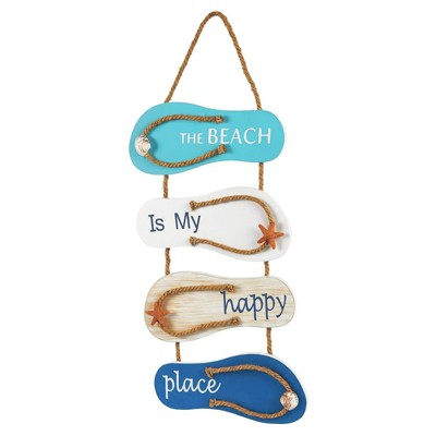 Nautical Beach Flip Flop Wall Ornament, Wooden Slippers Hanging Decoration, Ocean Home Decor for Wall and Door, 8.75 x 3.75 x 3 Inches