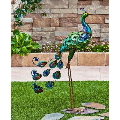 Lakeside Metal Lawn Bird Statue with Jewel Accents - Metallic Garden Ornament