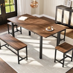 5-Piece Dining Table Set for 4-8 People, 63" Large Extendable Kitchen Table Set with 2 Benches and 2 Square Stools, Easy Assembly - 1 of 4