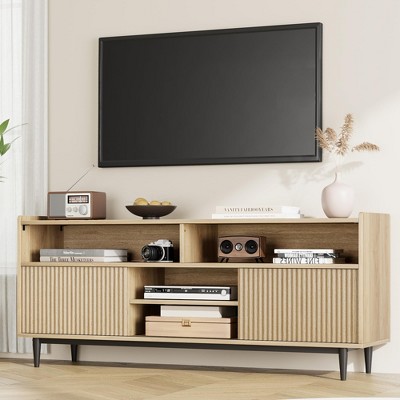 Fluted TV Stand for 70 Inch, Boho Entertainment Center with Sliding Doors, Wood Media Cabinet Furniture with Adjustable Shelves