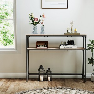 LEDREM Heather Greige and Ink Black Console Table. A 2 - Tier, 7.9 x 39.4 x 31.5 - Inch Narrow Entryway Table with 2 Shelves. Sofa Table - 1 of 4