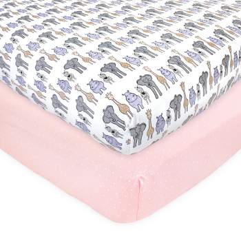 Hudson Baby Infant Girl Cotton Fitted Crib Sheet, Pink Safari, One Size