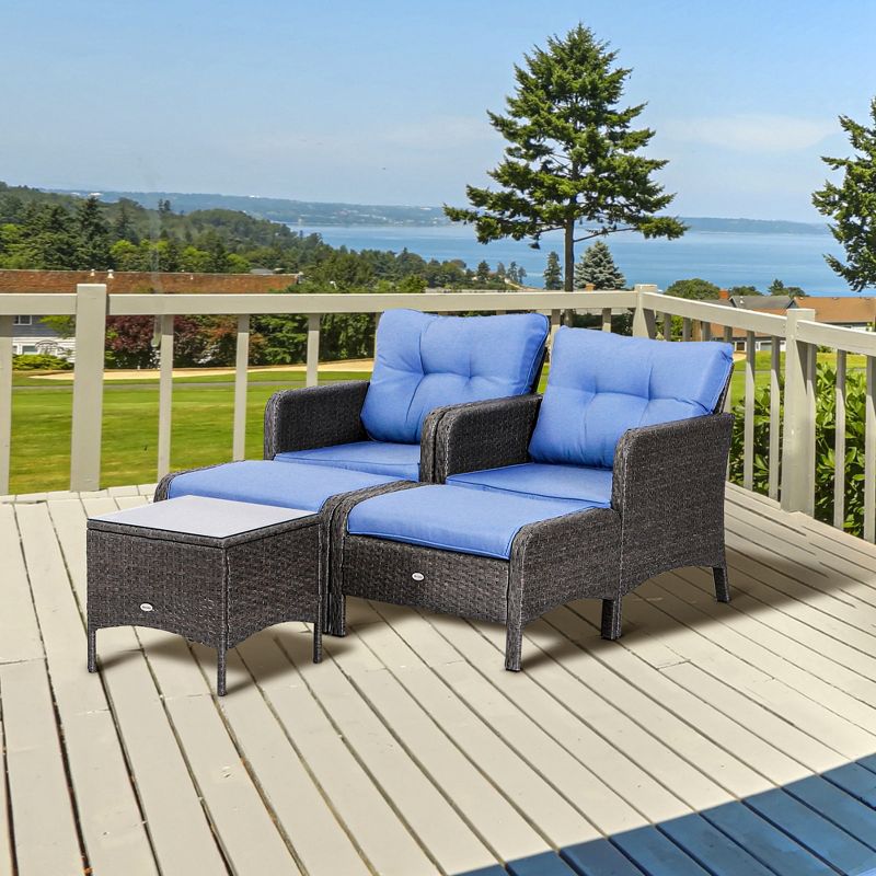 Outsunny 5 Piece Rattan Wicker Lounge Chair, Outdoor Patio Conversation Set with 2 Cushioned Chairs, 2 Ottomans & Top Coffee Table, Blue, 3 of 7