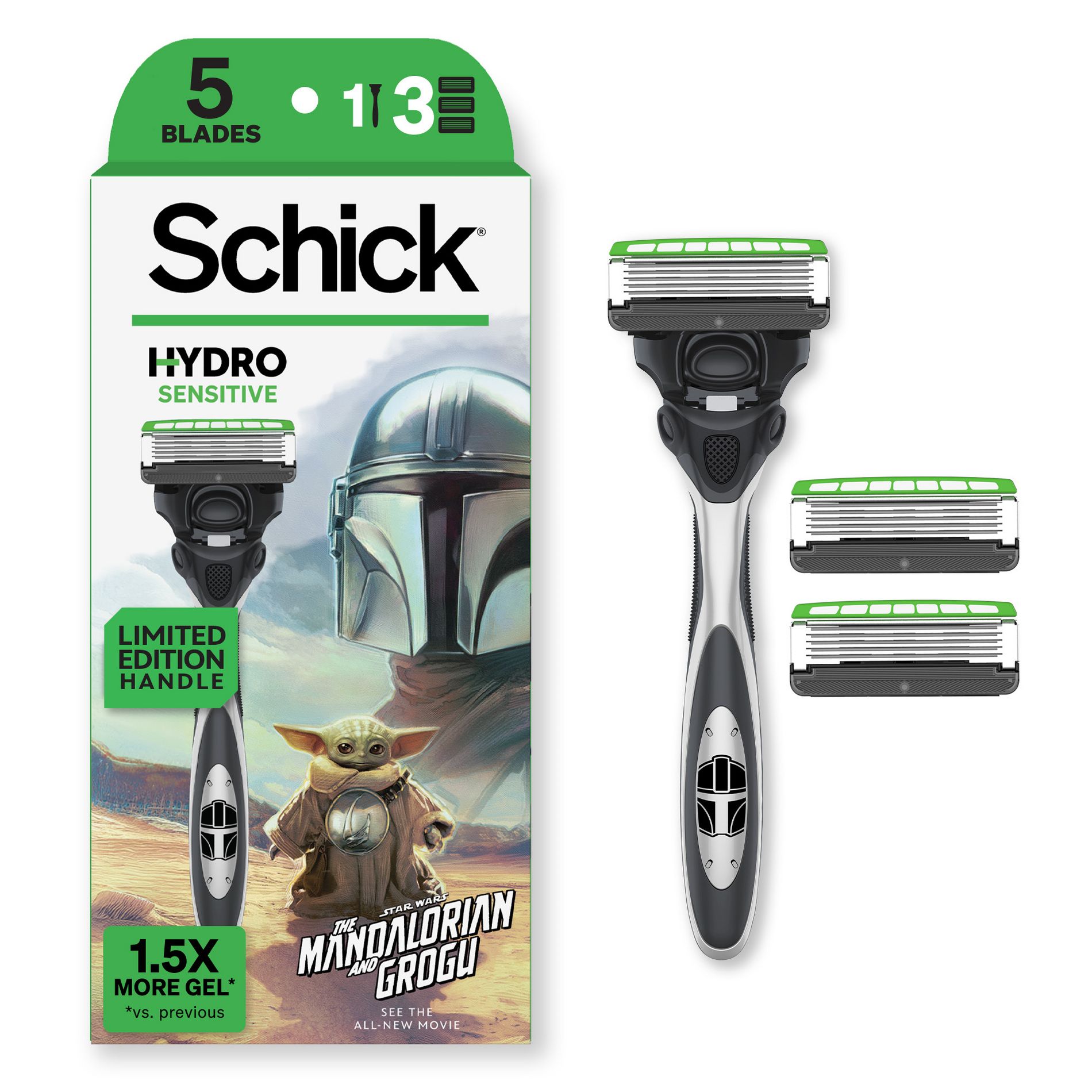 Schick Hydro Sensitive Men's 5 Blade Razor Handle with 3 Razor Refills - Star Wars Mandalorian and Grogu: Face, 4-Pack, Manual