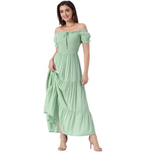 Allegra K Women s Round Neck Puff Sleeves Smocked Tiered Ruffle Maxi Dresses Light Green Small