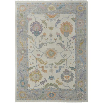 Gray Ivory and Orange Wool Floral Hand Knotted Area Rug With Fringe
