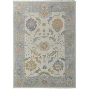 Gray Ivory and Orange Wool Floral Hand Knotted Area Rug With Fringe - 1 of 4