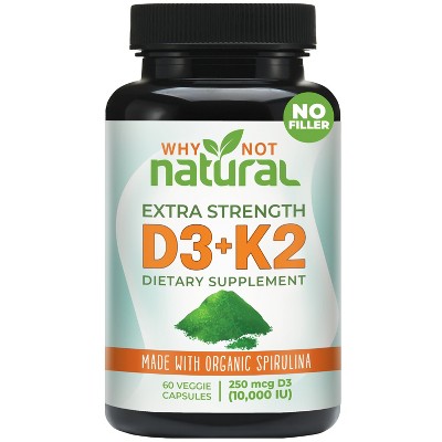 Why Not Natural Vitamin D3 K2 (MK-7) with Organic Spirulina, 10000 IU Extra Strength, Supports Bone, Immune & Mood Health,  60 Capsules