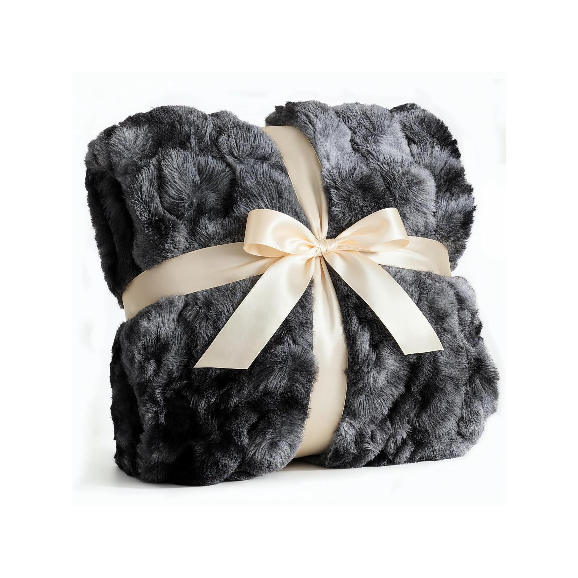 CGK Linens Faux Fur Blanket – Plush Soft and Warm in Marble Black, Size Queen