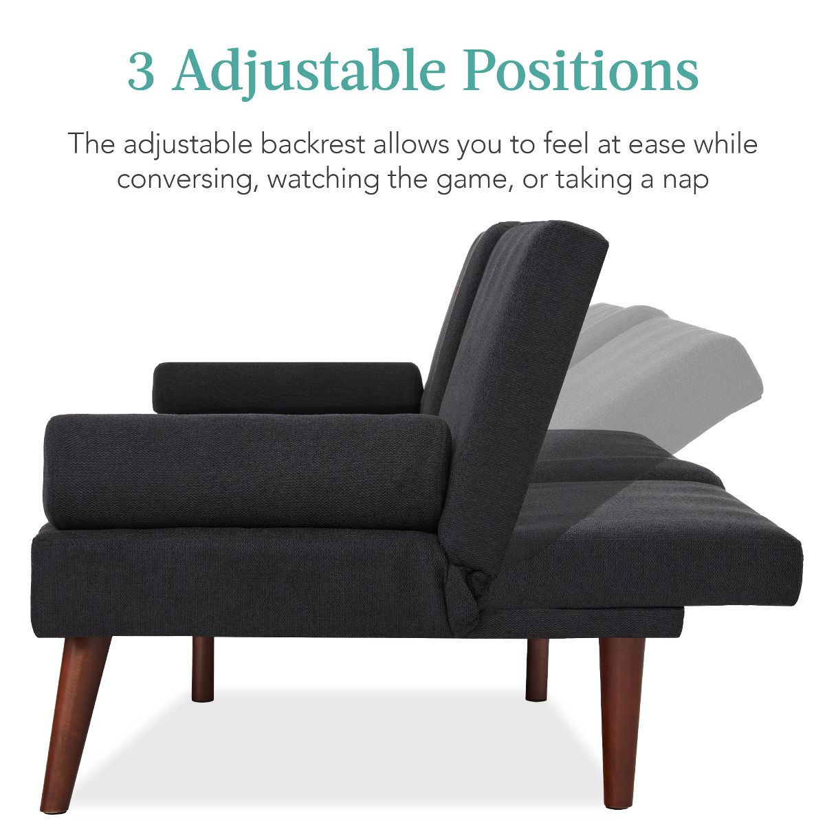 Best Choice Products Fabric Upholstered Convertible Futon w/ Rounded Armrests, Wooden Legs, 2 Cupholders - Black - thumbnail 3
