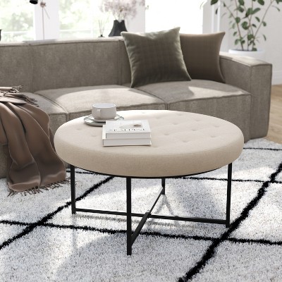 34-Inch Round Tufted Off-White Cotton Linen Ottoman with Black Metal Frame