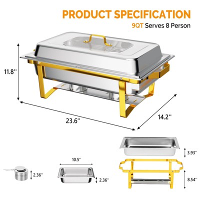 ROVSUN 9QT Gold Chafing Dishes for Buffet with 2 Half Size Pan,Stackable Design for Party Wedding Catering