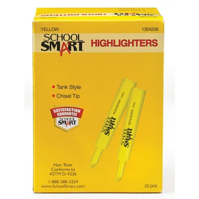 School Smart Tank Style Highlighters, Chisel Tip, Yellow, Pack of 20