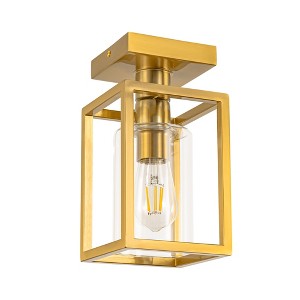 5.51 in. Gold 1-Light Farmhouse Cage Semi Flush Mount Ceiling Light with Glass Shade for Living Room, Bedroom, Entryway - 1 of 4