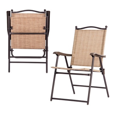 Tangkula 2-Piece Folding Outdoor Patio Chair Sling Back Camping Chair with Armrest & Pillow