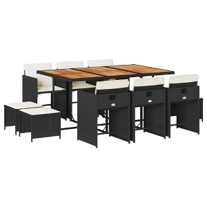 vidaXL Patio Dining Set with Cushions - 11 Piece Outdoor Furniture PE Rattan/Acacia Wood Table & Chairs, Black/Cream - 1 of 4