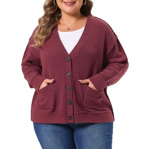 Women's Plus Size Button Down V Neck Long Sleeve Knit Fall Winter