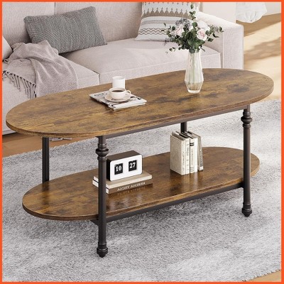 Oval Coffee Table Unique Tea Table 47.2" Mid Century Cocktail Table Low Storage Coffee Table 2 Tier