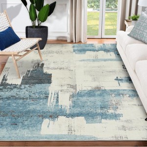8x10 Beige Blue Modern Abstract Rug, Stain Resistant Washable Carpet, Non-Shedding Low Pile with Non-Slip Backing for Living Room, Bedroom - 1 of 4