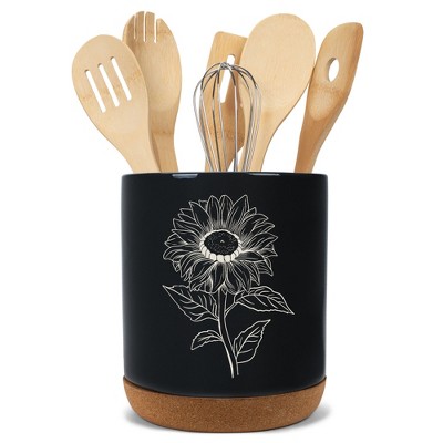 Elanze Designs Kitchen Utensil Holder With Non Slip Cork Base Large 8 Inch Ceramic Storage Crock Botanical Nature Countertop Organizer Farmhouse