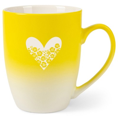 Elanze Designs Heart and Flowers 12 Ounce Ceramic Laser-Etched Engraved Drinkware Mug, Yellow and White Ombre