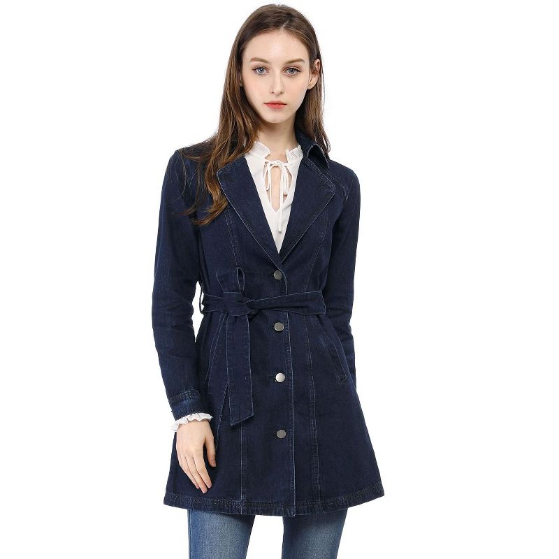 Allegra K Women's Notched Lapel Belted Trench Long Denim Jacket, 3 of 8